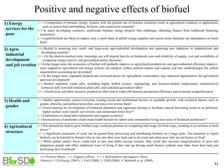 1) Energy
services for the
poor
(+/−) Competition of biomass energy systems with the present use of biomass resources (such as agricultural residues) in applications
such as animal feed and bedding, fertilizer, and construction materials1
(−) In many developing countries, small-scale biomass energy projects face challenges obtaining finance from traditional financing
institutions1
(−) Liquid biofuels are likely to replace only a small share of global energy supplies and cannot alone eliminate our dependence on fossil
fuels2
2) Agro-
industrial
development
and job creation
(+) Biofuel is powering new small- and large-scale agro-industrial development and spawning new industries in industrialized and
developing countries1
(+/−) In the short-to-medium term, bioenergy use will depend heavily on feedstock costs and reliability of supply, cost and availability of
competing energy sources, and government policy decisions1
(+) In the longer term, the economics of biofuel will probably improve as agricultural productivity and agro-industrial efficiency improve,
more supportive agricultural and energy policies are adopted, carbon markets mature and expand, and new methodologies for carbon
sequestration accounting are developed1
(+) In the longer term, expanded demand and increased prices for agricultural commodities may represent opportunities for agricultural
and rural development2
(+) Biofuel industries create jobs, including highly skilled science, engineering, and business-related employment; medium-level
technical staff; low-skill industrial plant jobs; and unskilled agricultural labor1
(+/−) Small-scale and labor intensive production often lead to trade-offs between production efficiency and economic competitiveness1
3) Health and
gender
(−) Market opportunities cannot overcome existing social and institutional barriers to equitable growth, with exclusion factors such as
gender, ethnicity, and political powerless, and may even worsen them2
(−) Forest burning for development of feedstock plantation and sugarcane burning to facilitate manual harvesting result in air pollution,
higher surface water runoff, soil erosion, and unintended forest fires3,4
(−) Exploitation of cheap labor (plantation and migrant workers)4
(−) Increased use of pesticides could create health hazards for labors and communities living near areas of feedstock production1,3
4) Agricultural
structure
(−) The demand for land to grow biofuel crops could put pressure on competing land usage for food crops, resulting in an increase in food
prices1,2
(+/−) Significant economies of scale can be gained from processing and distributing biofuels on a large scale. The transition to liquid
biofuels can be harmful to farmers who do not own their own land, and to the rural and urban poor who are net buyers of food1
(−) While global market forces could lead to new and stable income streams, they could also increase marginalization of poor and
indigenous people and affect traditional ways of living if they end up driving small farmers without clear titles from their land and
destroying their livelihood1
(+): Positive effects，(−): Negative effects，(+/−): Both positive and negative effects
(Source) 1: UN-Energy (2007), 2: FAO (2008), 3: CBD (2008), 4: Martinelli et al. (2008)
Positive and negative effects of biofuel
41
 