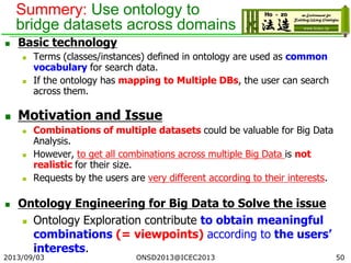 Summery: Use ontology to
bridge datasets across domains
 Basic technology
 Terms (classes/instances) defined in ontology are used as common
vocabulary for search data.
 If the ontology has mapping to Multiple DBs, the user can search
across them.
 Motivation and Issue
 Combinations of multiple datasets could be valuable for Big Data
Analysis.
 However, to get all combinations across multiple Big Data is not
realistic for their size.
 Requests by the users are very different according to their interests.
 Ontology Engineering for Big Data to Solve the issue
 Ontology Exploration contribute to obtain meaningful
combinations (= viewpoints) according to the users’
interests.
2013/09/03 ONSD2013@ICEC2013 50
 