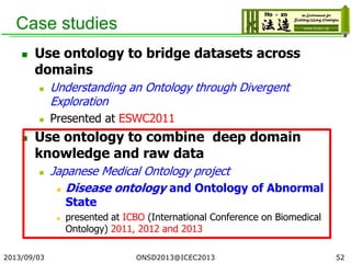 Case studies
 Use ontology to bridge datasets across
domains
 Understanding an Ontology through Divergent
Exploration
 Presented at ESWC2011
 Use ontology to combine deep domain
knowledge and raw data
 Japanese Medical Ontology project
 Disease ontology and Ontology of Abnormal
State
 presented at ICBO (International Conference on Biomedical
Ontology) 2011, 2012 and 2013
2013/09/03 52ONSD2013@ICEC2013
 