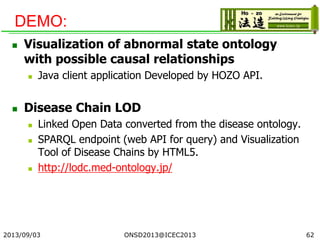 DEMO:
 Visualization of abnormal state ontology
with possible causal relationships
 Java client application Developed by HOZO API.
 Disease Chain LOD
 Linked Open Data converted from the disease ontology.
 SPARQL endpoint (web API for query) and Visualization
Tool of Disease Chains by HTML5.
 http://lodc.med-ontology.jp/
2013/09/03 62ONSD2013@ICEC2013
 