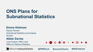 ONS Plans for
Subnational Statistics
Deputy Director
Subnational Statistics and Analysis
Division
Abbie Davies
Lead Analyst, ONS Local
Office for National Statistics
Emma Hickman
@ONSfocus #economicforum #DICEnetwork
 