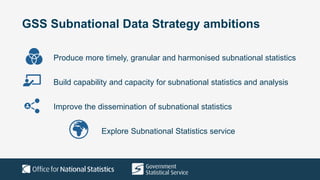 GSS Subnational Data Strategy ambitions
Produce more timely, granular and harmonised subnational statistics
Build capability and capacity for subnational statistics and analysis
Improve the dissemination of subnational statistics
Explore Subnational Statistics service
 