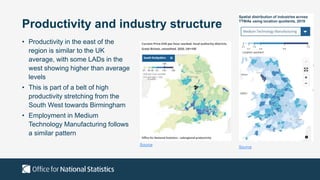 Productivity and industry structure
• Productivity in the east of the
region is similar to the UK
average, with some LADs in the
west showing higher than average
levels
• This is part of a belt of high
productivity stretching from the
South West towards Birmingham
• Employment in Medium
Technology Manufacturing follows
a similar pattern
Spatial distribution of industries across
TTWAs using location quotients, 2019
Source
Source
 