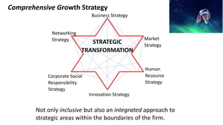Networking
Strategy
Innovation Strategy
Human
Resource
Strategy
Market
Strategy
Corporate Social
Responsibility
Strategy
STRATEGIC
TRANSFORMATION
Business Strategy
Comprehensive Growth Strategy
Not only inclusive but also an integrated approach to
strategic areas within the boundaries of the firm.
 