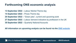 Forthcoming ONS economic analysis
13 September 2022 – Labour Market Theme day
14 September 2022 – Prices Theme day
20 September 2022 – “Green jobs”, current and upcoming work
27 September 2022 – Labour demand indicators by profession in the UK
30 September 2022 – Quarterly National Accounts
All information on upcoming analysis can be found via the ONS website
@ONSfocus #economicforum #DICEnetwork
 