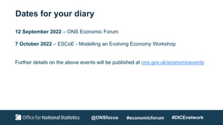 Dates for your diary
12 September 2022 – ONS Economic Forum
7 October 2022 – ESCoE - Modelling an Evolving Economy Workshop
Further details on the above events will be published at ons.gov.uk/economicevents
@ONSfocus #economicforum #DICEnetwork
 