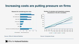 Increasing costs are putting pressure on firms
Source: Companies House
Source: Office for National Statistics
0 10 20 30 40 50
Business is not considering raising prices
Other
Not sure
Finance costs
Labour costs
Raw material prices
Energy prices
Reasons for considering price rises
All businesses All size bands excl 0-9
-
100
200
300
400
500
600
700
Week
1
Week
3
Week
5
Week
7
Week
9
Week
11
Week
13
Week
15
Week
17
Week
19
Week
21
Week
23
Week
25
Week
27
Week
29
Week
31
Week
33
Week
35
Thousands
Number of voluntary and compulsory company
dissolutions in the UK, cumulative
2019 2020 2021 2022
 