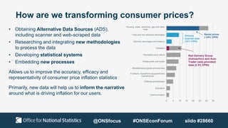 How are we transforming consumer prices?
0 5 10 15 20 25 30 35
Communication
Education
Clothing and footwear
Furniture, household equipment and
maintenance
Miscellaneous goods and services
Restaurants and hotels
Recreation and culture
Transport
Alcoholic beverages and tobacco
Food and non-alcoholic beverages
Housing, water, electricity, gas and other
fuels
Rental prices
(~24% CPIH)
Grocery
scanner data
(13% CPIH)
Rail Delivery Group
(transaction) and Auto
Trader (web provided)
data (2.3% CPIH)
• Obtaining Alternative Data Sources (ADS),
including scanner and web-scraped data
• Researching and integrating new methodologies
to process the data
• Developing statistical systems
• Embedding new processes
Allows us to improve the accuracy, efficacy and
representativity of consumer price inflation statistics
Primarily, new data will help us to inform the narrative
around what is driving inflation for our users.
@ONSfocus #ONSEconForum slido #28660
 