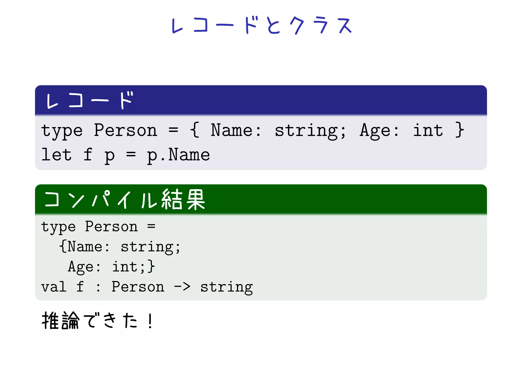type Person = { Name: string; Age: int }
let f p = p.Name


type Person =
  {Name: string;
   Age: int;}
val f : Person -> string
 