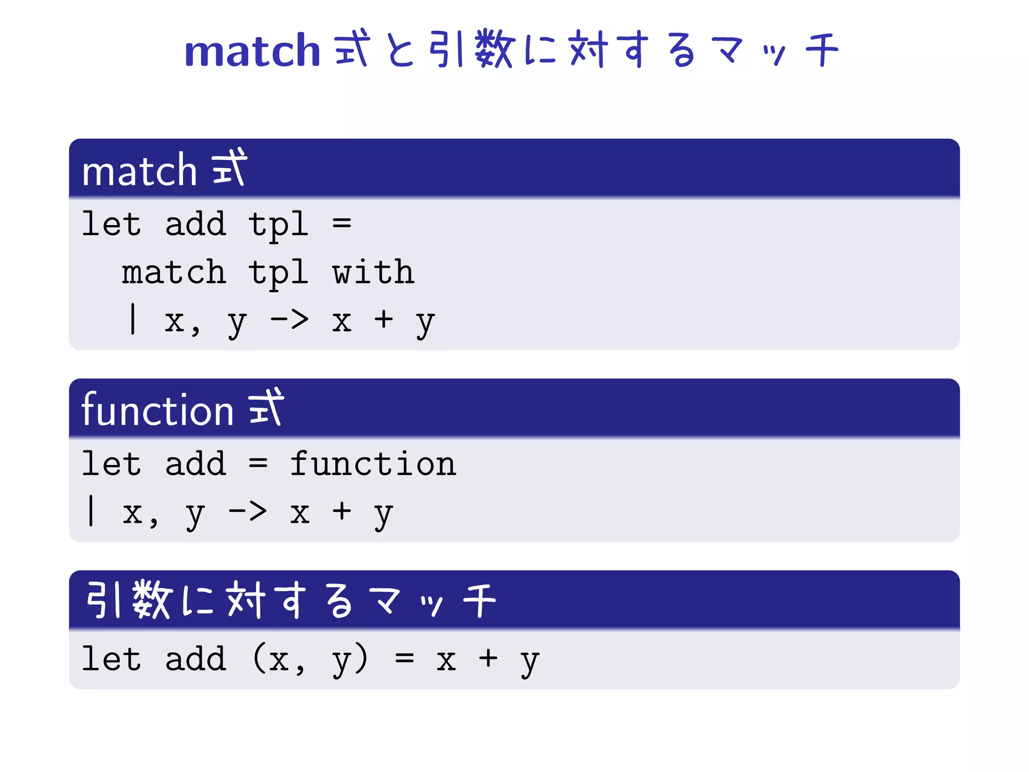 match

match
let add tpl =
  match tpl with
  | x, y -> x + y

function
let add = function
| x, y -> x + y


let add (x, y) = x + y
 