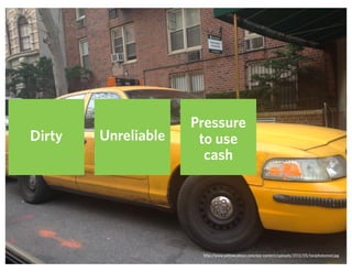 Dirty Unreliable
Pressure
to use
cash
http://www.yellowcabnyc.com/wp-content/uploads/2012/05/taxiphotomed.jpg
 