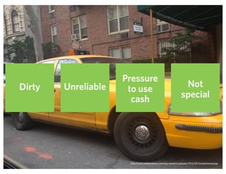Dirty Unreliable
Pressure
to use
cash
Not
special
http://www.yellowcabnyc.com/wp-content/uploads/2012/05/taxiphotomed.jpg
 