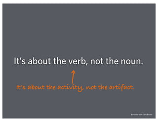 It’s about the verb, not the noun.
It’s about the activity, not the artifact.
Borrowed from Chris Risdon
 
