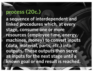 process (20c.)
a sequence of interdependent and
linked procedures which, at every
stage, consume one or more
resources (employee time, energy,
machines, money) to convert inputs
(data, material, parts, etc.) into
outputs. These outputs then serve
as inputs for the next stage until a
known goal or end result is reached.
source: http://www.doctormacro.com/Images/Chaplin,%20Charlie/Annex/Annex%20-%20Chaplin,%20Charlie%20(Modern%20Times)_01.jpg
 