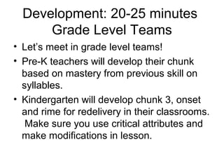 Development: 20-25 minutes
Grade Level Teams
• Let’s meet in grade level teams!
• Pre-K teachers will develop their chunk
based on mastery from previous skill on
syllables.
• Kindergarten will develop chunk 3, onset
and rime for redelivery in their classrooms.
Make sure you use critical attributes and
make modifications in lesson.
 