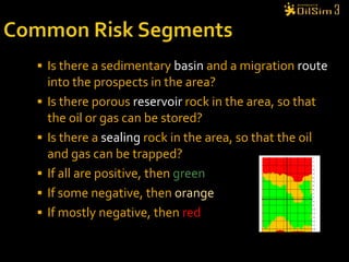 Common Risk SegmentsIs there a sedimentary basin and a migration route into the prospects in the area?Is there porous reservoir rock in the area, so that the oil or gas can be stored?Is there a sealing rock in the area, so that the oil and gas can be trapped?If all are positive, then greenIf some negative, then orangeIf mostly negative, then red