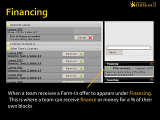 When a team receives a Farm-In offer to appears under Financing.
This is where a team can receive finance or money for a % of their
own blocks
 