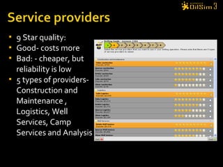  9 Star quality:
 Good- costs more
 Bad: - cheaper, but
reliability is low
 5 types of providers-
Construction and
Maintenance ,
Logistics, Well
Services, Camp
Services and Analysis
 