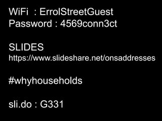 1
WiFi : ErrolStreetGuest
Password : 4569conn3ct
SLIDES
https://www.slideshare.net/onsaddresses
#whyhouseholds
sli.do : G331
 