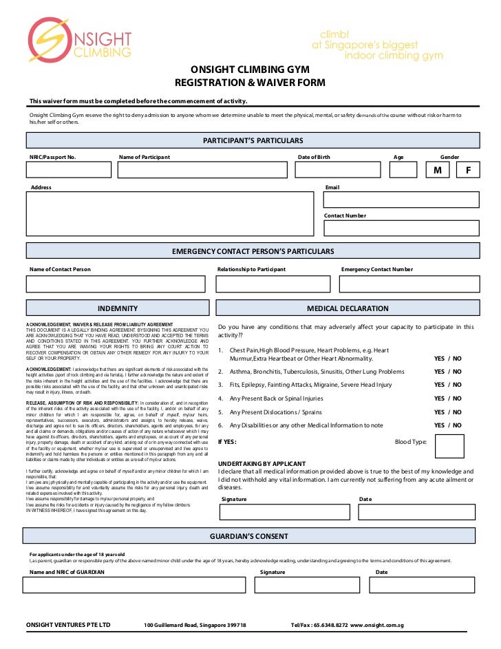 onsight indemnity form gym waiver form