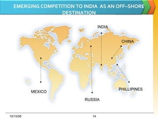EMERGING COMPETITION TO INDIA  AS AN OFF–SHORE DESTINATION 06/05/09 INDIA CHINA PHILLIPINES RUSSIA MEXICO 