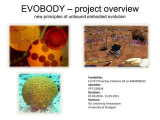 EVOBODY – project overviewnew principles of unbound embodied evolution Funded by: EU FET Proactive Initiative SA on AWARENESS Identifier: FP7-258334 Duration: 01.06.2010 - 31.05.2011 Partners: VU University Amsterdam University of Stuttgart 