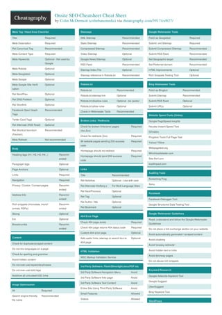 Onsite SEO Cheatsheet Cheat Sheet
                                         by Colin McDermott (colinbancmedia) via cheatography.com/3917/cs/827/

Meta Tag / Head Area Checklist                          Sitemaps                                                   Google Webmaster Tools

Title                         Required                  XML Sitemap                              Recommended       Fetch as Googlebot                    Required

Meta Description              Required                  Static Sitemap                           Recommended       Submit .xml Sitemap                   Required

Rel Canonical Tag             Recommended               Compressed Sitemap                       Recommended       Submit Compressed Sitemap             Recommended

Meta Content Type             Required                  Video Sitemap                            Optional          Submit RSS Feed                       Recommended

Meta Keywords                 Optional - Not used by    Google News Sitemap                      Optional          Set Geographic target                 Recommended
                              Google                    RSS Feed                                 Recommended       Set Preferred domain                  Recommended
Meta Robots                   Optional                  Sitemap Index File                       Optional          HTML Improvements                     Optional
Meta Googlebot                Optional                  Sitemap reference in Robots.txt          Recommended       Rich Snippets Testing Tool            Optional
Meta Google                   Optional

Meta Google Site Verifi       Optional                  Robots.txt                                                 Bing Webmaster Tools
cation
                                                        Robots.txt                        Recommended              Fetch as Bingbot               Recommended
Rel Next/Prev                 Optional
                                                        Robots.txt sitemap link           Optional                 Submit Sitemap                 Recommended
Rel DNS Prefetch              Optional
                                                        Robots.txt disallow rules         Optional - be careful    Submit RSS Feed                Optional
Rel Shortlink                 Optional
                                                        Robots.txt allow rules            Optional                 Submit URLs                    Optional
Facebook Open Graph           Recommended
                                                        Check in Webmaster Tools          Recommended
Tags                                                                                                               Website Speed Tools (Online)
Twitter Card Tags             Optional                  Broken Links / Redirects                                   Google PageSpeed Insights
Rel Alternate (RSS Feed)      Optional
                                                        Check for broken links/error pages              Required   Neustar Instant Speed Test
Rel Shortcut Icon/Icon        Recommended               (4xx,5xx)                                                  GTmetrix
(Favicon)
                                                        Check for redirects (3xx)                       Required
                                                                                                                   Pingdom Tools Full Page Test
Meta Refresh                  Not recommended
                                                        All website pages sending 200 success           Required
                                                                                                                   Yahoo! YSlow
                                                        code
Body                                                                                                               Webpagetest.org
                                                        Homepage should not redirect                    Required
                                                                                                                   Whichloadsfaster.com
Heading tags (H1, H2, H3, H4...)           Recomm
                                                        Homepage should send 200 success                Required
                                           ended                                                                   Site-Perf.com
                                                        code
Paragraph tags                             Optional                                                                loadImpact.com

Page Anchors                               Optional     Links
                                                                                                                   Auditing Tools
Links                                      Required     Title                       Recommended
Navigation                                 Required                                                                Screaming Frog
                                                        Rel Nofollow                Optional - Use with care
Privacy / Cookie / Contact pages           Recomm                                                                  Xenu
                                                        Rel Alternate Hreflang x    For Multi Language Sites
                                           ended
                                                        Rel Next/Previous           Optional
                                                                                                                   Facebook
Address Info                               Recomm
                                                        Rel Tag                     Optional
                                           ended                                                                   Facebook Debugger Tool
                                                        Rel Author / Me             Optional
Rich snippets (microdata, microf           Recomm                                                                  Google Structured Data Testing Tool
ormats, RDFa)                              ended        Rel Bookmark                Optional

Strong                                     Optional                                                                Google Webmaster Guidelines
                                                        404 Error Page
Em                                         Optional                                                                Read, understand and follow the Google Webmaster
                                                        Check 404 page exists                           Required
Breadcrumbs                                Recomm                                                                  Guidelines
                                           ended        Check 404 page returns 404 status code          Required
                                                                                                                   Do not place a link exchange section on your website
                                                        Custom 404 error page                           Optional
                                                                                                                   Avoid automatically generated / scraped content
Content                                                 Add useful links, sitemap or search box to      Optional
                                                                                                                   Avoid cloaking
Check for duplicate/scraped content                     404 page
                                                                                                                   Avoid 'sneaky redirects'
Do not mix languages on a page
                                                        HTML Validation                                            Avoid hidden text or links
Check for spelling and grammar
                                                                                                                   Avoid doorway pages
                                                        W3C Markup Validation Service
Avoid hidden content
                                                                                                                   Do not abuse rich snippets
Do not over-use keywords/phrases
                                                        3rd Party Software: Flash/Silverlight/Java/PDF etc
Do not over-use bold tags                                                                                          Keyword Research
                                                        3rd Party Software Navigation Menu              Avoid
Nofollow all untrusted/UGC links                                                                                   Google Adwords Keyword Tool
                                                        3rd Party Software Intro page                   Avoid
                                                                                                                   Google Suggest
                                                        3rd Party Software Text Content                 Avoid
Image Optimisation
                                                                                                                   UberSuggest
                                                        Entire Site Using Third Party Software          Avoid
Alt                         Required
                                                                                                                   Bing Keyword Tool
                                                        Small Features                                  Allowed
Search engine friendly      Recommended
file name                                               Videos                                          Allowed
                                                                                                                   WordPress
 