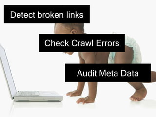 Detect broken links
Check Crawl Errors
Audit Meta Data
 
