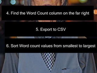 4. Find the Word Count column on the far right
5. Export to CSV
6. Sort Word count values from smallest to largest
 