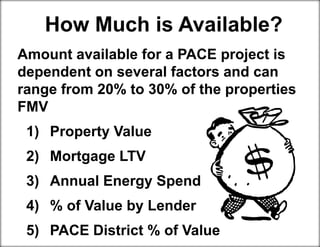 Amount available for a PACE project is
dependent on several factors and can
range from 20% to 30% of the properties
FMV
1) Property Value
2) Mortgage LTV
3) Annual Energy Spend
4) % of Value by Lender
5) PACE District % of Value
How Much is Available?
 
