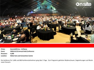 Firma: Kosmetikfirma – Oriflame
Event: EMEA & CIS Annual Gold Conference
Personen: 4,200
Location: Malta Fairs and Convention Centre
Die Konferenz für 3,400 und 800 Konferenzteilnehmer ging über 5 Tage. Zum Programm gehörten Modenschauen, Siegerehrungen und Musik-
sowie Tanzacts.
 