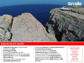 WARUM ON SITE MALTA?
• Langjährige Erfahrungen und Beziehungen
• (seid dem Jahr 2000)
• Qualitätsgeprüfte DMC
• Durchschnittlich 50 Events pro Jahr
• Hochmotiviertes Team von 15 Event Managern
• Logistik Experten mit mehr als 50 gebündelten
Jahren Erfahrung
• Optimierung unserer Leistungen durch
regelmäßige Qualitäts-Checks
• Einzigartiges Netzwerk an professionellen Partnern
• Freundschaftliche Kontakte zu
Kooperationspartnern und Behörden
• Individuelle Lösungen und Konzepte für
anspruchsvolle Kunden die realisierbar sind,
Emotionen wecken und nachhaltig begeistern
• Organisatoren für Malta’s größte Konferenz mit
4200 Personen & Malta’s größtes Event für 7000
Personen
Unser Anspruch:
Kunden-Focus
Innovation
Kreativität
Nachhaltigkeit
Qualität
Expertise
Leidenschaft
 