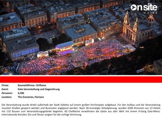 Firma: Kosmetikfirma– Oriflame
Event: Gala-Veranstaltung und Siegerehrung
Personen: 4,200
Location: The Granaries, Floriana
Die Veranstaltung wurde direkt außerhalb der Stadt Valletta auf einem großen Kirchenplatz aufgebaut. Für den Aufbau und die Veranstaltung
mussten Straßen gesperrt werden und Busrouten angepasst werden. Nach 18-monatiger Detailplanung, wurden 4200 Personen aus 13 Hotels
mit 110 Bussen zum Veranstaltungsgelände begleitet. 60 Chefköche verwöhnten die Gäste aus aller Welt mit einem 4-Gang Gala-Menü.
Internationale Künstler, DJs und Tänzer sorgten für die richtige Stimmung.
 