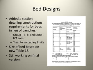 Bed Designs
• Added a section 
detailing constructions 
requirements for beds 
in lieu of trenches.
– Group I, II, III and some 
IVA soils
– Treat to secondary limits

• Size of bed based on 
new Table 18.
• Still working on final 
version.

 