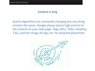 Content is king
Search algorithms are constantly changing but one thing
remains the same. Google always places high priority to
the content on your web page. Page URLs, Titles, Heading
1 &2, and the image alt tags are for keyword placement.
 