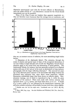 804 Dr. Harlow Shapley, On some 94> 9
dispersion spectrograph used with the 6o-inch reflector at Bloemfontein,
since the radial velocity of +275 kilometres a second for the Cloud should
immediately sort out its members.
Many of the Class B stars are brighter than apparent magnitude 10 ;
they are therefore more luminous than the average nova at maximum, and
Large Cloud Region Near Cloud
Fig. 5.—Distribution of spectral classes in the Large Magellanic Cloud and in a
neighbouring comparison field.
they are, as constant sources of radiation, the most astonishing single bodies
known.
8. Dimensions of the Andromeda Spiral.—The extension, through the
study of clusters and special types of stars, of the recognized dimensions of
our own Galaxy in high latitudes and of both the Magellanic Clouds directs
attention again to the actual form and dimensions of spiral galaxies. The
Andromeda Nebula, for instance, has been generally accepted as an elliptical
system with axes of 160' and 40' at the most, as determined on long-exposure
photographs with the larger reflecting telescopes.* The removal two years
ago of the Harvard patrol cameras to the favourable Oak Ridge location has
permitted long exposures that, upon direct visual inspection, indicate
dimensions considerably larger than those shown on reflector plates. Den-
sitometer tracings, one of which is reproduced in fig. 6, verify the great
extension of the system.f Plates were made with various cameras, with
apertures from 1-5 to 4 inches, and focal ratios from 4*0 to 7-0. A length
of 4°-5 and a width of 40
are indicated by the densitometer measures, and
still more suitable technique will probably increase both these values slightly.
* Hubble uses 160' for the major axis ; Lundmark uses 150' (M.N., 85, 885,
I9
25).
f Harv. Bull., 895, 1934. See also Stebbins and Whitford, Pub. Nat. Acad. Sei.,
20, 93, 1934-
© Royal Astronomical Society • Provided by the NASA Astrophysics Data System
 