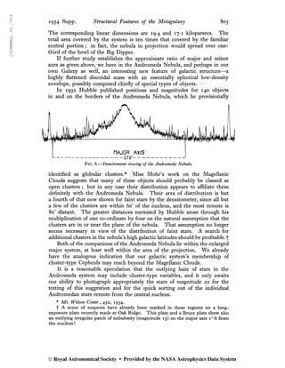 1934MNRAS..94..791S
1934 Supp. Structural Features of the Metagalaxy 805
The corresponding linear dimensions are 19*4 and 17*1 kiloparsecs. The
total area covered by the system is ten times that covered by the familiar
central portion ; in fact, the nebula in projection would spread over one-
third of the bowl of the Big Dipper.
If further study establishes the approximate ratio of major and minor
axes as given above, we have in the Andromeda Nebula, and perhaps in our
own Galaxy as well, an interesting new feature of galactic structure—a
highly flattened discoidal mass with an essentially spherical low-density
envelope, possibly composed chiefly of special types of objects. *
In 1932 Hubble published positions and magnitudes for 140 objects
in and on the borders of the Andromeda Nebula, which he provisionally
identified as globular clusters.* Miss Mohr’s work on the Magellanic
Clouds suggests that many of these objects should probably be classed as
open clusters ; but in any case their distribution appears to affiliate them
definitely with the Andromeda Nebula. Their area of distribution is but
a fourth of that now shown for faint stars by the densitometer, since all but
a few of the clusters are within 60' of the nucleus, and the most remote is
80' distant. The greater distances surmised by Hubble arose through his
multiplication of one co-ordinate by four on the natural assumption that the
clusters are in or near the plane of the nebula. That assumption no longer
seems necessary in view of the distribution of faint stars. A search for
additional clusters in the nebula’s high galactic latitudes should be profitable.']'
Both of the companions of the Andromeda Nebula lie within the enlarged
major system, at least well within the area of the projection. We already
have the analogous indication that our galactic system’s membership of
cluster-type Cepheids may reach beyond the Magellanic Clouds.
It is a reasonable speculation that the outlying haze of stars in the
Andromeda system may include cluster-type variables, and it only awaits
our ability to photograph appropriately the stars of magnitude 22 for the
testing of this suggestion and for the quick sorting out of the individual
Andromedan stars remote from the central nucleus.
* Mt. Wilson Contr., 452, 1934.
f A score of suspects have already been marked in these regions on a long-
exposure plate recently made at Oak Ridge. This plate and a Bruce plate show also
an outlying irregular patch of nebulosity (magnitude 15) on the major axis i°-6 from
the nucleus!
© Royal Astronomical Society • Provided by the NASA Astrophysics Data System
 