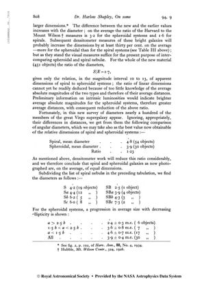 8o8 Dr. Harlow Shapley, On some 94> 9
larger dimensions.* The difference between the new and the earlier values
increases with the diameter ; on the average the ratio of the Harvard to the
Mount Wilson f measures is 3*2 for the spheroidal systems and i-6 for
spirals. Subsequent densitometer measures of these bright galaxies will
probably increase the dimensions by at least thirty per cent, on the average
—more for the spheroidal than for the spiral systems (see Table III above) ;
but as they stand the visual measures suffice for the present purpose of inter-
comparing spheroidal and spiral nebulae. For the whole of the new material
(451 objects) the ratio of the diameters,
SIE = i-7,
gives only the relation, in the magnitude interval 10 to 13, of apparent
dimensions of spiral to spheroidal systems ; the ratio of linear dimensions
cannot yet be readily deduced because of too little knowledge of the average
absolute magnitudes of the two types and therefore of their average distances.
Preliminary information on intrinsic luminosities would indicate brighter
average absolute magnitudes for the spheroidal systems, therefore greater
average distances, with consequent reduction of the above ratio.
Fortunately, in this new survey of diameters nearly a hundred of the
members of the great Virgo supergalaxy appear. Ignoring, appropriately,
their differences in distances, we get from them the following comparison
of angular diameters, which we may take also as the best value now obtainable
of the relative dimensions of spiral and spheroidal systems :—
r
Spiral, mean diameter . . . 4-8 (54 objects)
Spheroidal, mean diameter . . • 3*9 (3° objects)
Ratio . . 1*23
As mentioned above, densitometer work will reduce this ratio considerably,
and we therefore conclude that spiral and spheroidal galaxies as now photo-
graphed are, on the average, of equal dimensions.
Subdividing the list of spiral nebulae in the preceding tabulation, we find
the diameters as follows :—
S 4*2 (19 objects)
Sa 4*4 (12 „ )
Sb 6-2 ( 5 „ )
Sc 6-0 (8 ,, )
SB 2-5 (1 object)
SBa 3-9 (4 objects)
SBZ> 4-3 (3 „ )
SBc 7-3 (2 „ )
For the spheroidal systems, a progression in average size with decreasing
'dlipticity is shown :
a > 2*5 è
i-$ b < a < 2-5 b .
a < i*5 b
All
2-
3-
4-
3-9 ± 0-4 m.e. (30 „ )
* See fig. 2, p. 102, of Harv. Ann., 88, No. 4, 1934.
f Hubble, Mt. Wilson Contr., 324, 1926.
© Royal Astronomical Society • Provided by the NASA Astrophysics Data System
 
