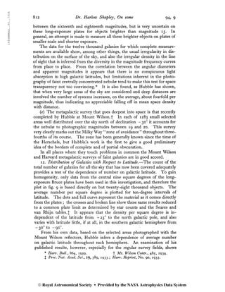1934MNRAS..94..791S
812 Dr. Harlow Shapley, On some 94, 9
between the sixteenth and eighteenth magnitudes, but is very uncertain on
these long-exposure plates for objects brighter than magnitude 15. In
general, an attempt is made to measure all these brighter objects on plates of
smaller scale and shorter exposure.
The data for the twelve thousand galaxies for which complete measure-
ments are available show, among other things, the usual irregularity in dis-
tribution on the surface pf the sky, and also the irregular density in the line
of sight that is inferred from the diversity in the magnitude frequency curves
from place to place. From the correlation between the angular diameters
and apparent magnitudes it appears that there is no conspicuous light
absorption in high galactic latitudes, but limitations inherent in the photo-
graphy of faint centrally concentrated nebulae tend to make this test for space
transparency not too convincing.* It is also found, as Hubble has shown,
that when very large areas of the sky are considered and deep distances are
involved the number of systems increases, on the average, about fourfold per
magnitude, thus indicating no appreciable falling off in mean space density
with distance.
(e) The metagalactic survey that goes deepest into space is that recently
completed by Hubble at Mount Wilson.f In each of 1283 small selected
areas well distributed over the sky north of declination - 30o
it accounts for
the nebulae to photographic magnitudes between 19 and 20. This survey
very clearly marks out the Milky Way “zone of avoidance ” throughout three-
fourths of its course. The zone has been generally known since the time of
the Herschels, but Hubble’s work is the first to give a good preliminary
idea of the borders of complete and of partial obscuration.
In all places where they touch problems in common the Mount Wilson
and Harvard metagalactic surveys of faint galaxies are in good accord. ■
12. Distribution of Galaxies with Respect to Latitude.—rThe count of the
total number of galaxies for all the sky that has now been covered adequately
provides a test of the dependence of number on galactic latitude. To gain
homogeneity, only data from the central nine square degrees of the long-
exposure Bruce plates have been used in this investigation, and therefore the
plot in fig. 9 is based directly on but twenty-eight thousand objects. The
average number per square degree is plotted for ten-degree intervals of
latitude. The dots and full curve represent the material as it comes directly
from the plates ; the crosses and broken line show these same results reduced
to a common plate limit as determined by star counts and the Scares and
van Rhijn tables.J It appears that the density per square degree is in-
dependent of the latitude from +250
to the north galactic pole, and also
varies with latitude little, if at all, in the southern galactic hemisphere from
-30°to -90o
.
From his own data, based on the selected areas photographed with the
Mount Wilson reflectors, Hubble infers a dependence of average number
on galactic latitude throughout each hemisphere. An examination of his
published results, however, especially for the regular survey fields, shows
* Harv. Bull., 864, 1929. f Mt. Wilson Contr., 485, 1934.
X Proc. Nat. Acad. Sci.y 19, 389, 1933 ; Harv. Reprint, No. 90, 1933.
© Royal Astronomical Society • Provided by the NASA Astrophysics Data System
 
