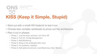 KISS (Keep it Simple, Stupid)
• Start out with a small HW footprint to test it out
• Choose less complex workloads to prove out the architecture
• Plan it out in phases
• Phase 1: Just the basic services, non HA is OK
• Phase 2: Full HA, Config Management
• Phase 3: Add Monitoring
• Phase 4: Bring in the workloads (Dev only)
• Phase 5: Fix problems, stabilize
• Phase 6: Add optional services: Load Balancing, Heat, Murano
 