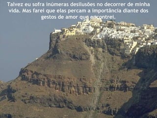 Talvez eu sofra inúmeras desilusões no decorrer de minha vida. Mas farei que elas percam a importância diante dos gestos de amor que encontrei. 