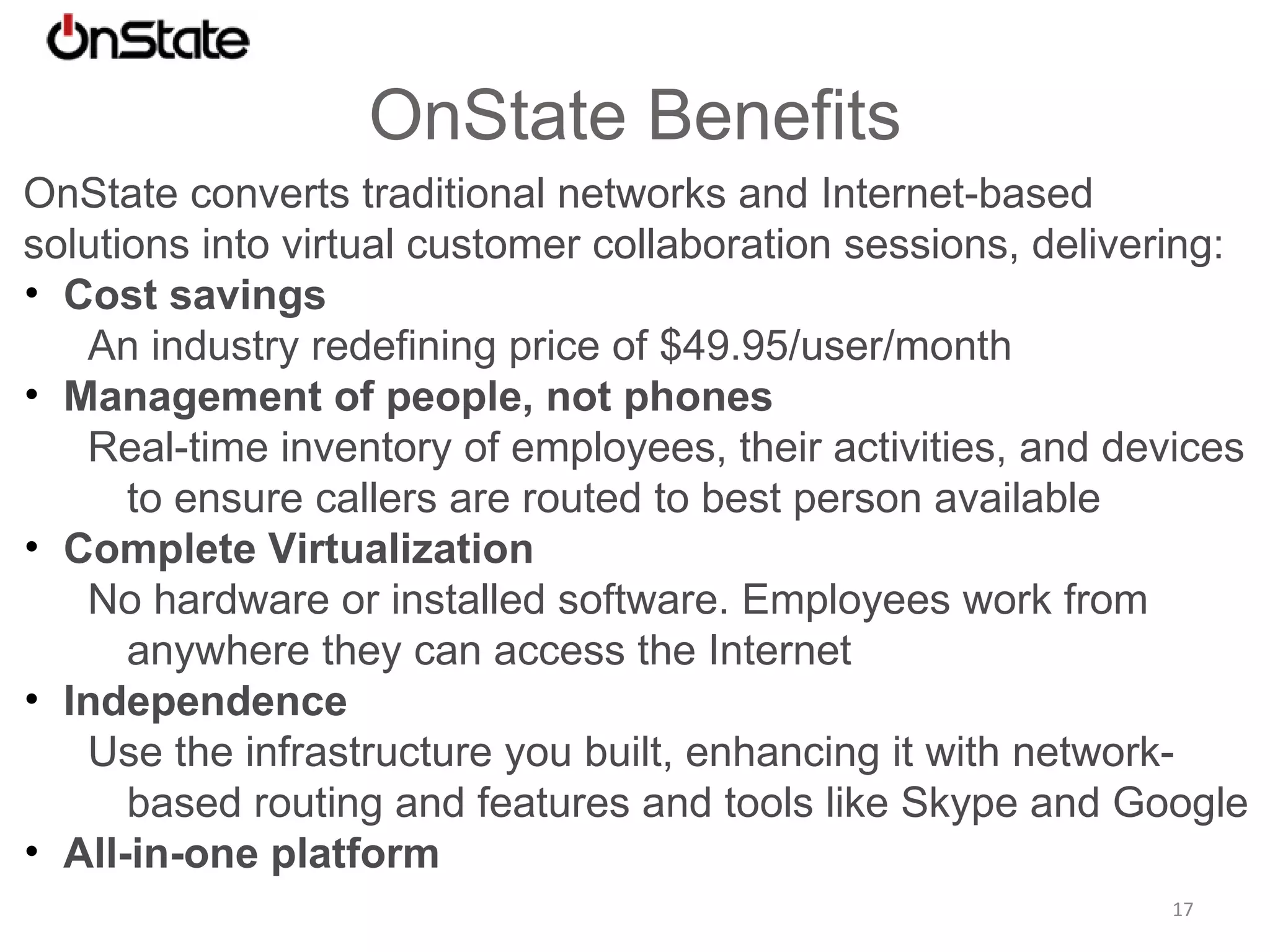 Evolution Step 3: OnState True SaaS OnState separates intelligence from transport, thereby converting all existing and Internet-based solutions into intelligent communications networks, across all modalities – voice, video and chat/IM 