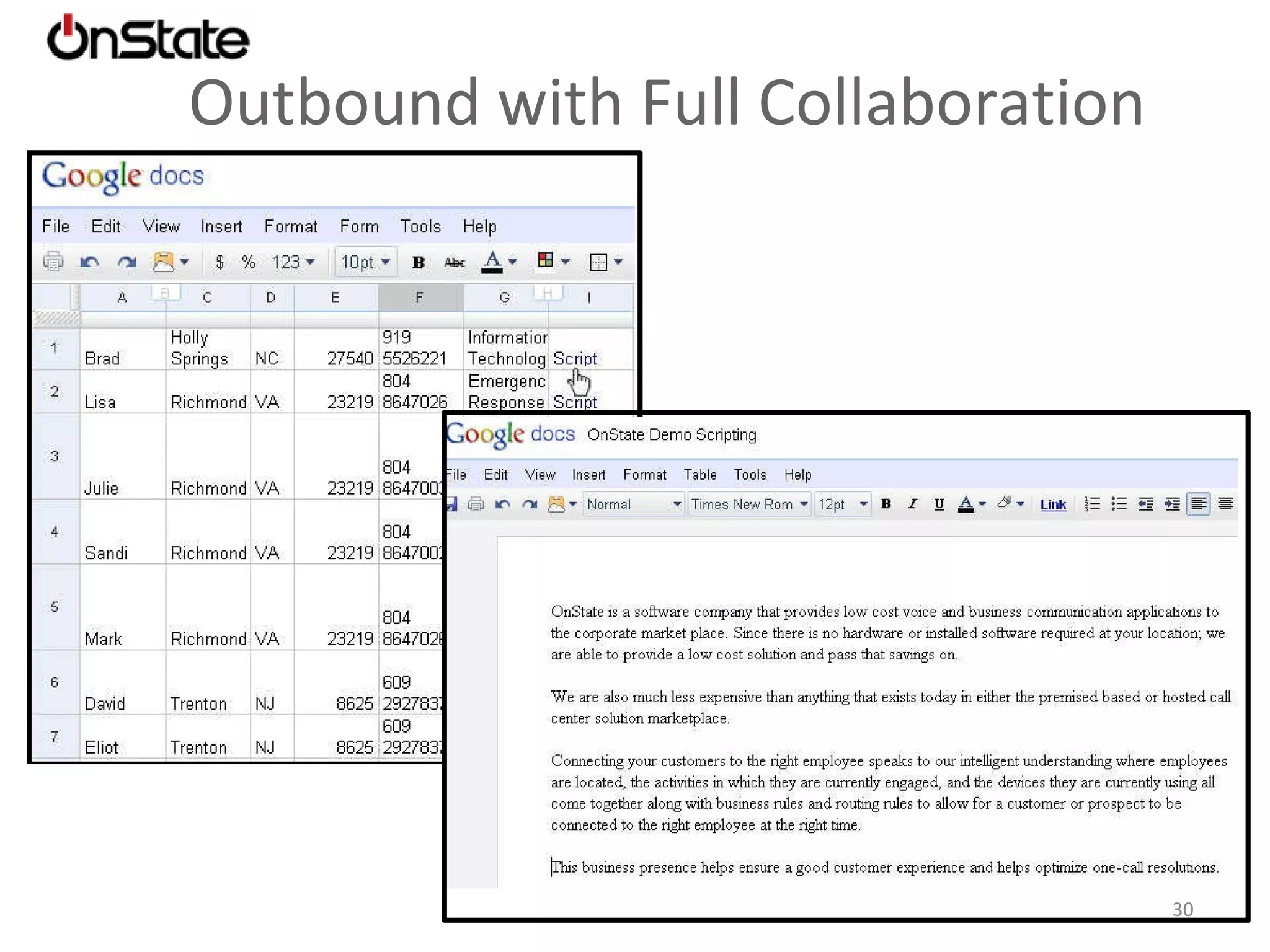 CRM Integration Full details regarding the conversation (voice, video or chat) are automatically logged, including links to the actual chat transcript or recording of the conversation! Native Force.com App, no client code! Integrated Outbound  