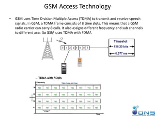 GSM Access Technology
• GSM uses Time Division Multiple Access (TDMA) to transmit and receive speech
signals. In GSM, a TDMA frame consists of 8 time slots. This means that a GSM
radio carrier can carry 8 calls. It also assigns different frequency and sub channels
to different user. So GSM uses TDMA with FDMA
 