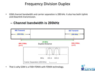 Frequency Division Duplex
• GSM channel bandwidth and carrier separation is 200 kHz. It also has both Uplink
and Downlink transmission.
• That is why GSM is a FDD+TDMA with FDMA technology.
Duplex Distance
 