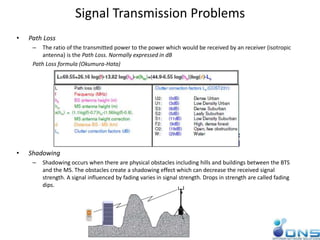 Signal Transmission Problems
• Path Loss
– The ratio of the transmitted power to the power which would be received by an receiver (isotropic
antenna) is the Path Loss. Normally expressed in dB
Path Loss formula (Okumura-Hata)
• Shadowing
– Shadowing occurs when there are physical obstacles including hills and buildings between the BTS
and the MS. The obstacles create a shadowing effect which can decrease the received signal
strength. A signal influenced by fading varies in signal strength. Drops in strength are called fading
dips.
 