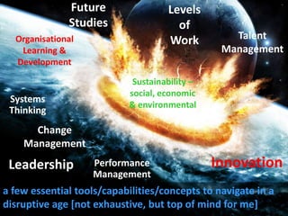Future                Levels
              Studies                 of
  Organisational                    Work          Talent
   Learning &                                   Management
  Development

                            Sustainability –
                           social, economic
 Systems
                           & environmental
 Thinking
      Change
    Management
 Leadership        Performance                 Innovation
                   Management
a few essential tools/capabilities/concepts to navigate in a
disruptive age [not exhaustive, but top of mind for me]
 