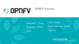 OPNFV Overview

Margaret T. Chiosi
President, OPNFV
AT&T
Chris Wright
Board Member, OPNFV
Red Hat
 