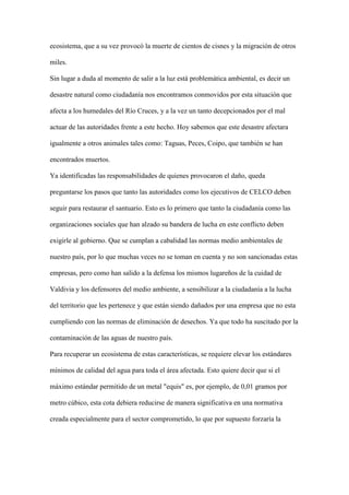 ecosistema, que a su vez provocó la muerte de cientos de cisnes y la migración de otros

miles.

Sin lugar a duda al momento de salir a la luz está problemática ambiental, es decir un

desastre natural como ciudadanía nos encontramos conmovidos por esta situación que

afecta a los humedales del Río Cruces, y a la vez un tanto decepcionados por el mal

actuar de las autoridades frente a este hecho. Hoy sabemos que este desastre afectara

igualmente a otros animales tales como: Taguas, Peces, Coipo, que también se han

encontrados muertos.

Ya identificadas las responsabilidades de quienes provocaron el daño, queda

preguntarse los pasos que tanto las autoridades como los ejecutivos de CELCO deben

seguir para restaurar el santuario. Esto es lo primero que tanto la ciudadanía como las

organizaciones sociales que han alzado su bandera de lucha en este conflicto deben

exigirle al gobierno. Que se cumplan a cabalidad las normas medio ambientales de

nuestro país, por lo que muchas veces no se toman en cuenta y no son sancionadas estas

empresas, pero como han salido a la defensa los mismos lugareños de la cuidad de

Valdivia y los defensores del medio ambiente, a sensibilizar a la ciudadanía a la lucha

del territorio que les pertenece y que están siendo dañados por una empresa que no esta

cumpliendo con las normas de eliminación de desechos. Ya que todo ha suscitado por la

contaminación de las aguas de nuestro país.

Para recuperar un ecosistema de estas características, se requiere elevar los estándares

mínimos de calidad del agua para toda el área afectada. Esto quiere decir que si el

máximo estándar permitido de un metal "equis" es, por ejemplo, de 0,01 gramos por

metro cúbico, esta cota debiera reducirse de manera significativa en una normativa

creada especialmente para el sector comprometido, lo que por supuesto forzaría la
 