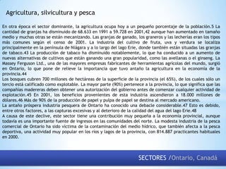 Agricultura, silvicultura y pesca
En otra época el sector dominante, la agricultura ocupa hoy a un pequeño porcentaje de la población.5 La
cantidad de granjas ha disminuido de 68.633 en 1991 a 59.728 en 2001,42 aunque han aumentado en tamaño
medio y muchas otras se están mecanizando. Las granjas de ganado, los graneros y las lecherías eran los tipos
más comunes según el censo de 2001. La industria del cultivo de fruta, uva y verdura se localiza
principalmente en la península de Niágara y a lo largo del lago Erie, donde también están situadas las granjas
de tabaco.43 La producción de tabaco ha disminuido notablemente, lo que ha conducido a un aumento de
nuevas alternativas de cultivos que están ganando una gran popularidad, como las avellanas o el ginseng. La
Massey Ferguson Ltd., una de las mayores empresas fabricantes de herramientas agrícolas del mundo, surgió
en Ontario, lo que pone de relieve la importancia que tuvo antaño la agricultura en la economía de la
provincia.44
Los bosques cubren 700 millones de hectáreas de la superficie de la provincia (el 65%), de los cuales sólo un
tercio está calificado como explotable. La mayor parte (90%) pertenece a la provincia, lo que significa que las
compañías madereras deben obtener una autorización del gobierno antes de comenzar cualquier actividad de
explotación.45 En 2001, los beneficios provenientes de esta industria ascendieron a 18.000 millones de
dólares.46 Más de 90% de la producción de papel y pulpa de papel se destina al mercado americano.
La antaño próspera industria pesquera de Ontario ha conocido una debacle considerable.47 Esto es debido,
entre otros factores, a las capturas excesivas y al deterioro de la calidad del agua del lago Erie.48
A causa de este declive, este sector tiene una contribución muy pequeña a la economía provincial, aunque
todavía es una importante fuente de ingresos en las comunidades del norte. La modesta industria de la pesca
comercial de Ontario ha sido víctima de la contaminación del medio hídrico, que también afecta a la pesca
deportiva, una actividad muy popular en los ríos y lagos de la provincia, con 814.887 practicantes habituales
en 2000.

SECTORES /Ontario, Canadá

 